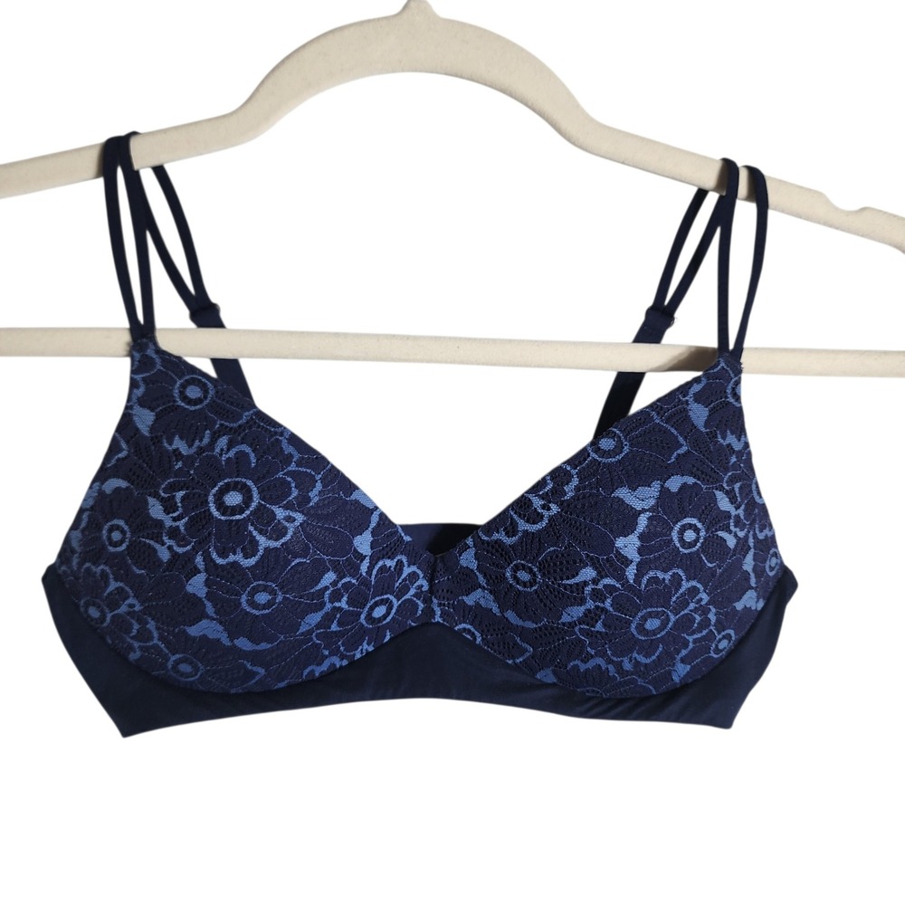 Aerie Navy Blue Floral Lace Wireless Bralette Double Strap 36B